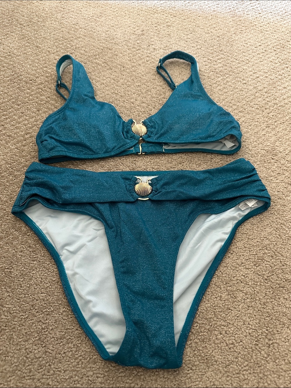 Teal Shimmer Two-Piece Bikini Set with Shell Accent